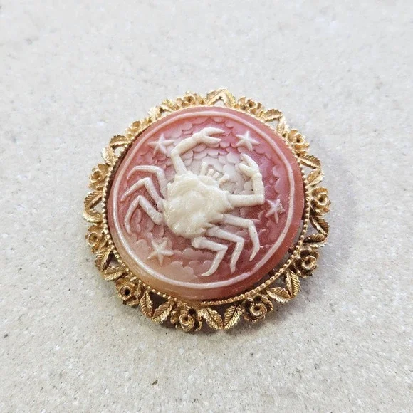 Vtg 60s 70s Cancer Zodiac Crab Cameo Brooch Gold Tone Nautical Pink Salmon Pin - Picture 1 of 5